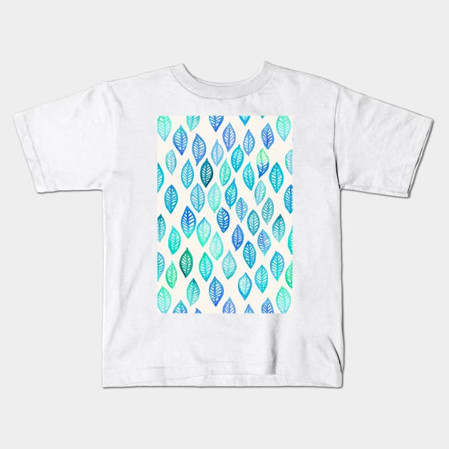 Watercolor Leaf Pattern in Blue & Turquoise Kids T-Shirt by micklyn